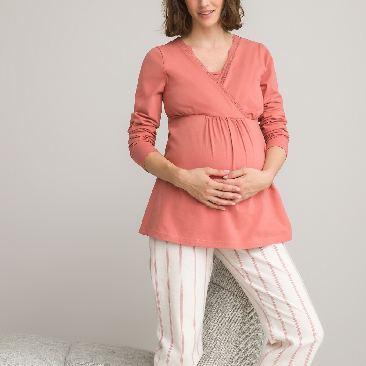 DSKK Pyjama d'allaitement Post-Partum pour Femme avec Fermeture éclair et Manches mi-Longues Pyjama de Grossesse 