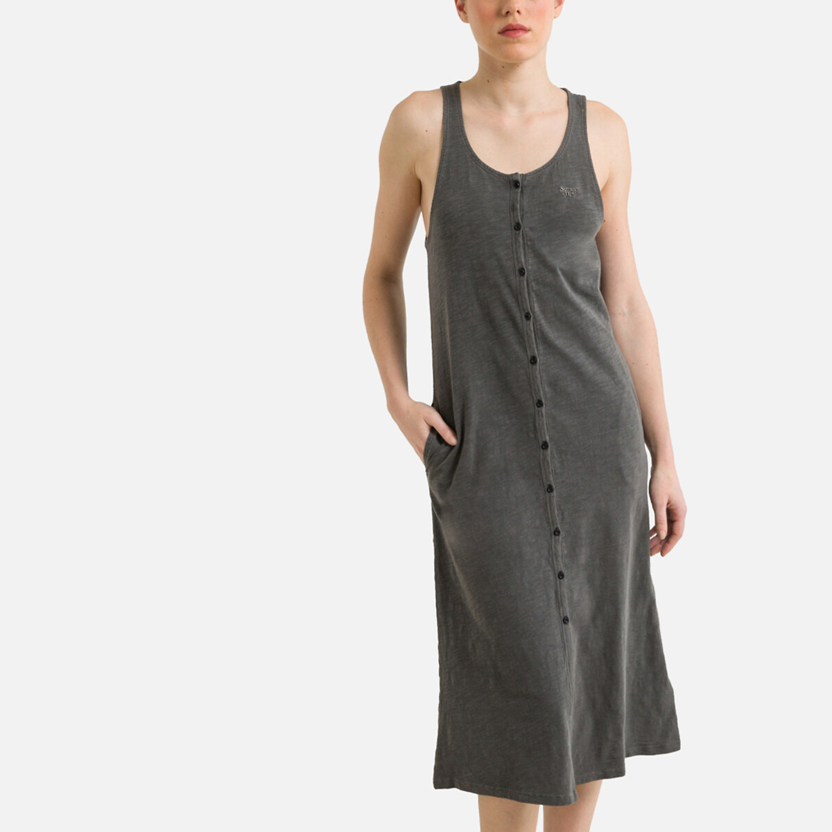 cotton sleeveless midi dress with buttons