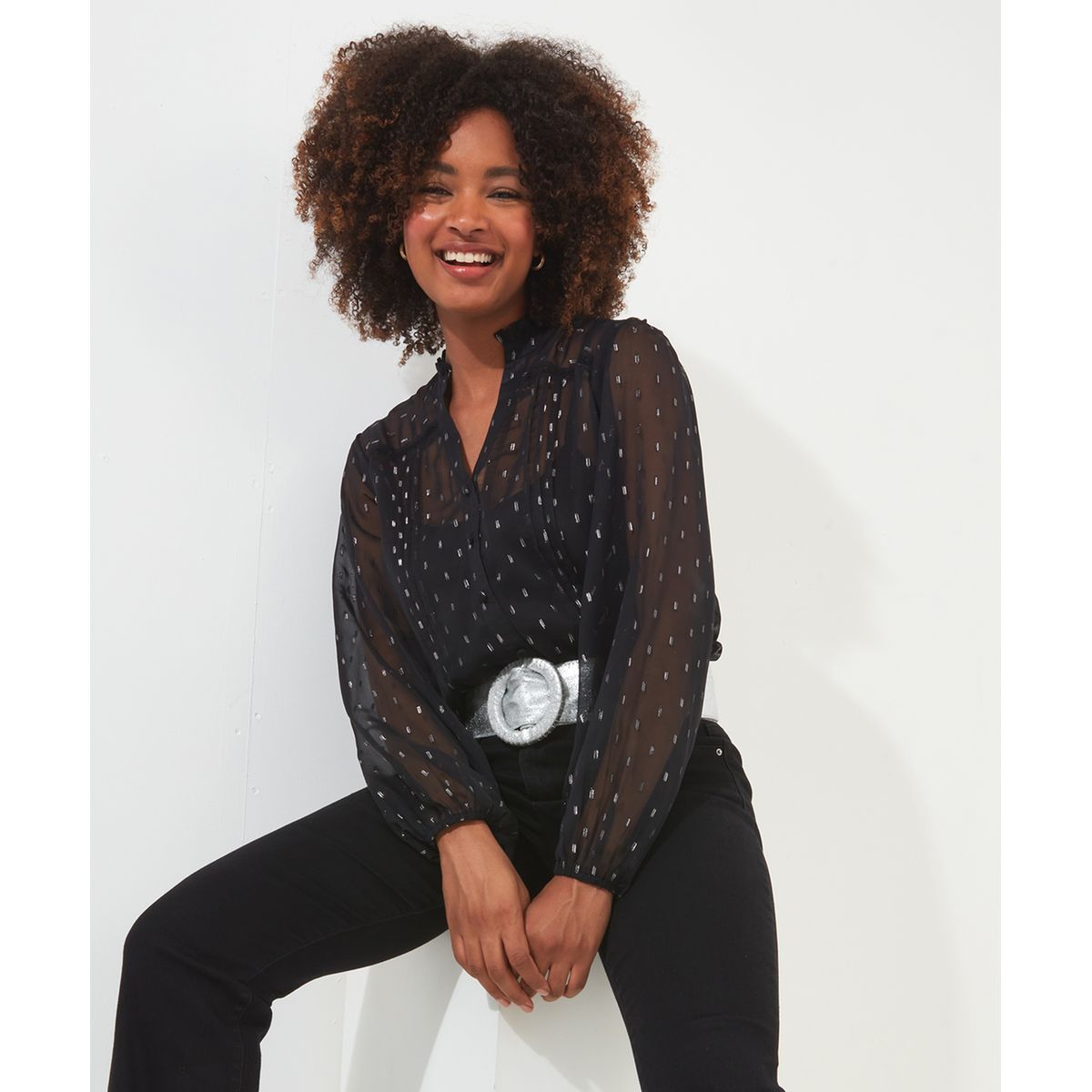 Chemisier noir transparent manches longues shop