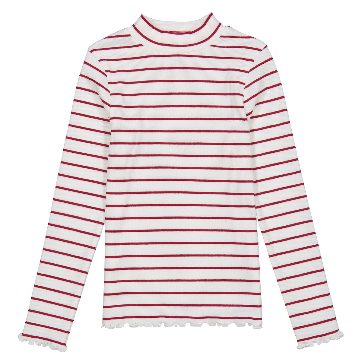 Striped mock neck t-shirt in cotton with ruffled edging and long