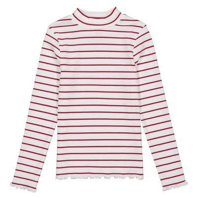 Striped Mock Neck T-Shirt in Cotton with Ruffled Edging and Long Sleeves LA REDOUTE COLLECTIONS