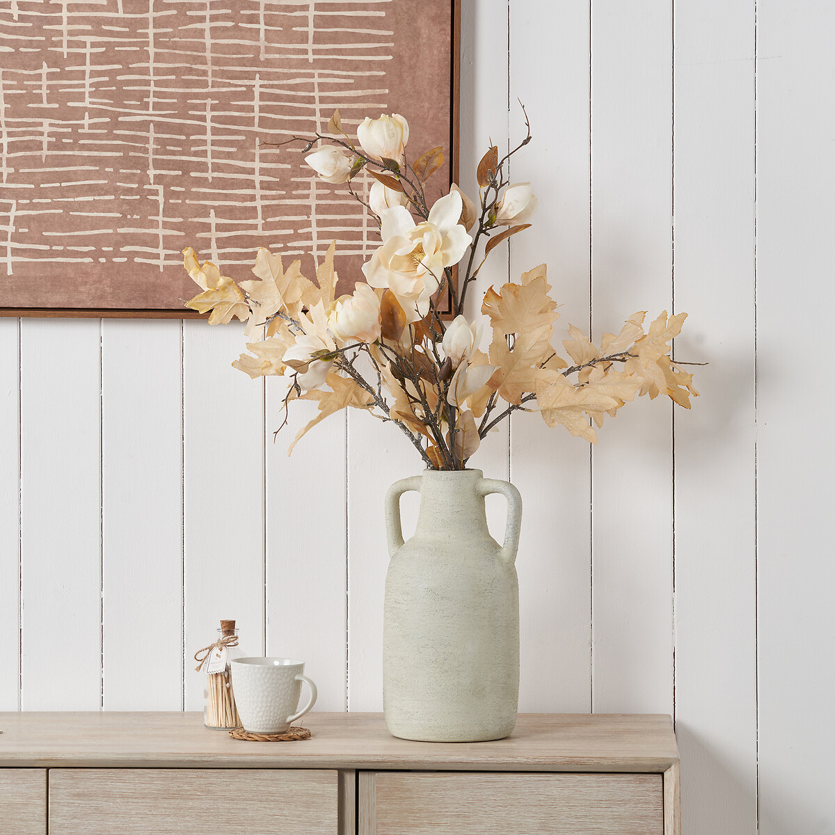 35cm White Textured Terracotta Decorative Vase with Handles, ÉDITÉ