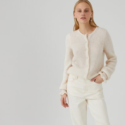 Alpaca Mix Cardigan with Ruffled Cuffs and Crew Neck LA REDOUTE COLLECTIONS