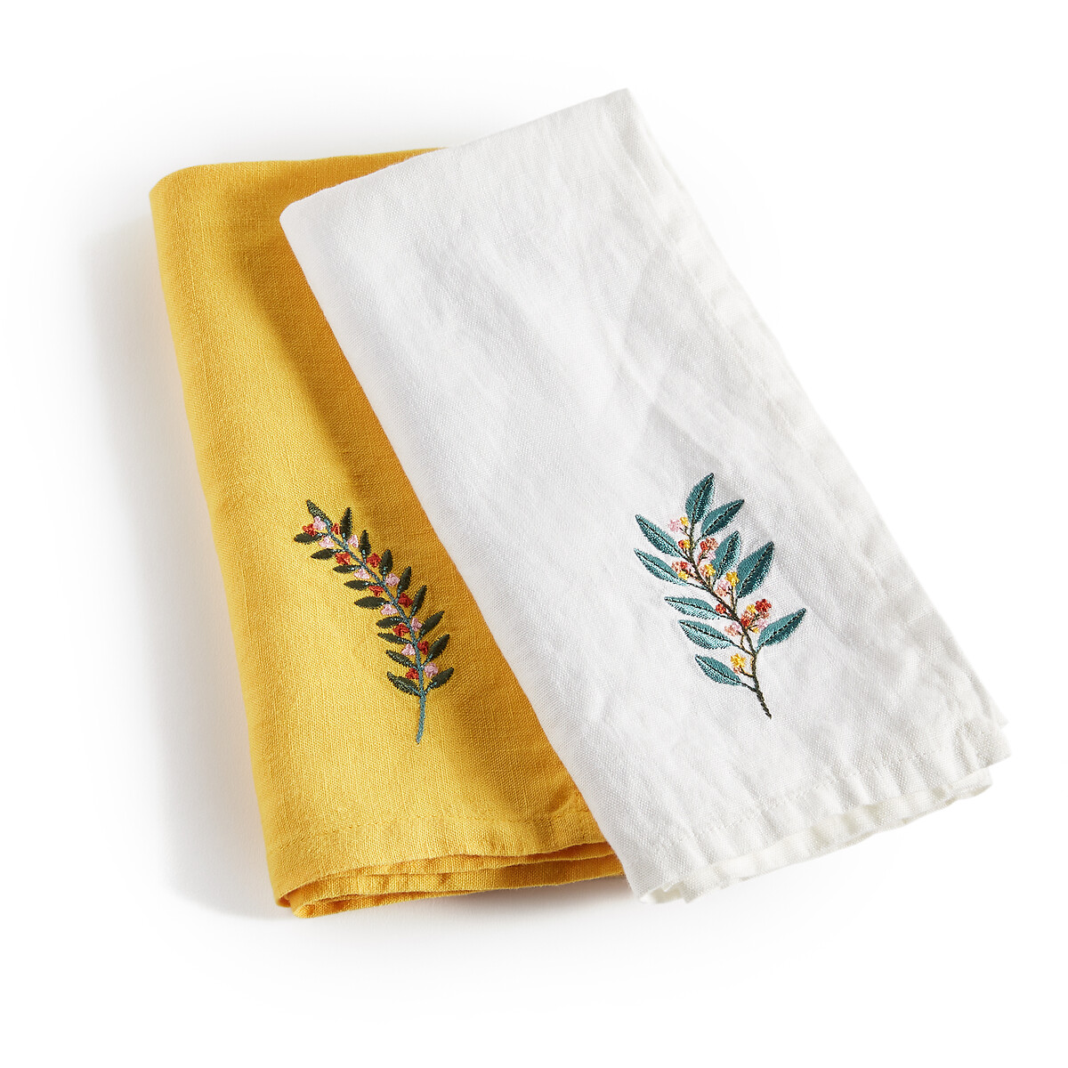 Set of 2 Junio Embroidered Foliage Washed Linen Napkins