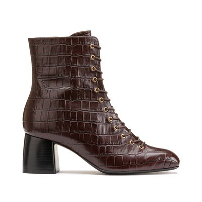 Leather Ankle Boots with Laces and Block Heel LA REDOUTE COLLECTIONS