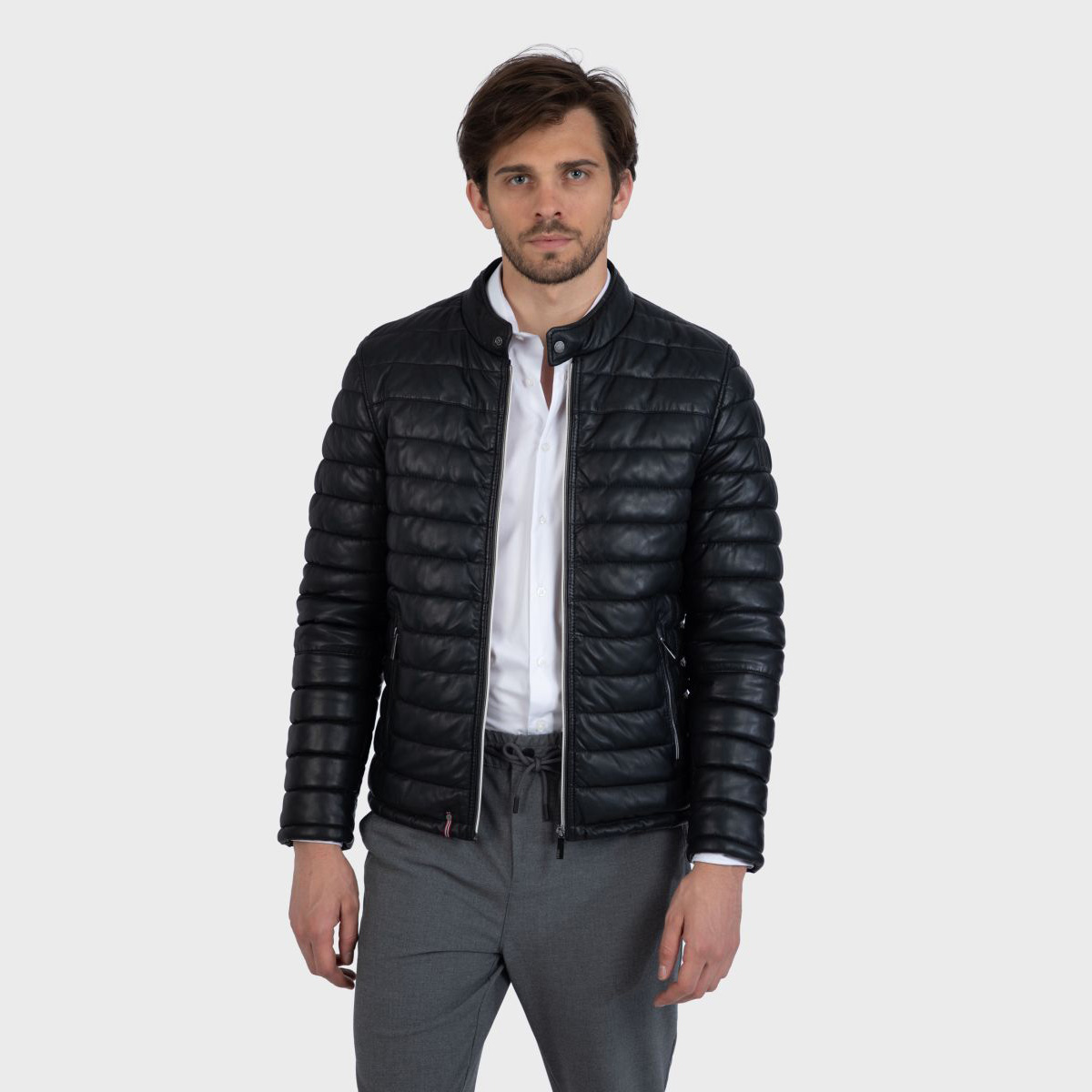 Doudoune courte en cuir col mao JULIEN, OAKWOOD
