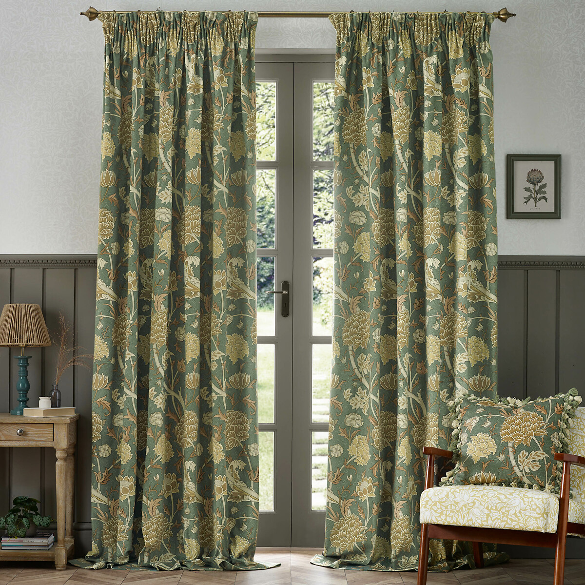 Cray Floral Chenille Pencil Pleat Curtains, MORRIS & CO.