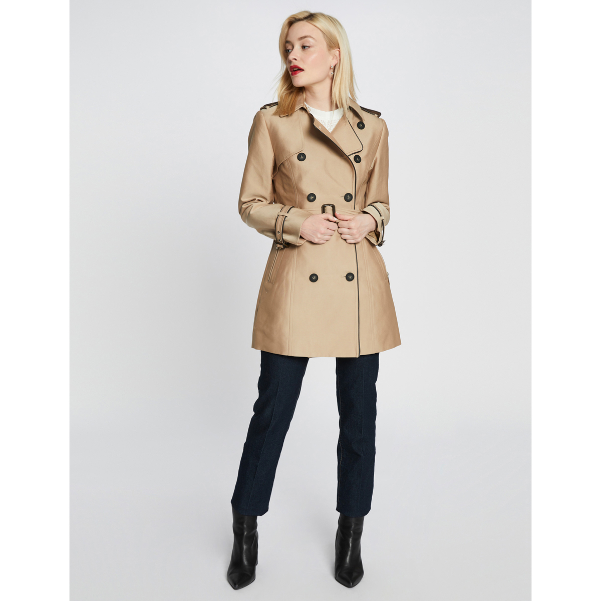 Image of Mid-Length Double-Breasted Trench Coat with Belt