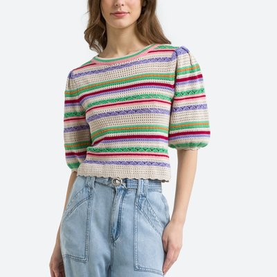 Striped Cotton Openwork Jumper with Puff Sleeves and Crew Neck SUNCOO