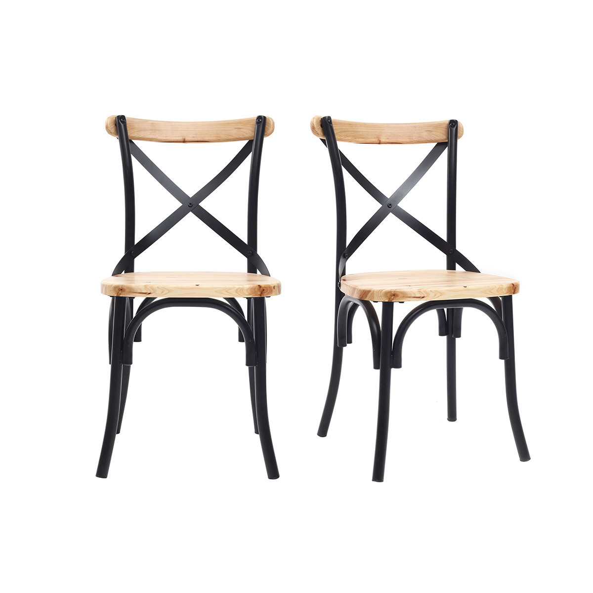 Chaises bistrot bois clair massif et métal noir (lot de 2) JAKE, MILIBOO