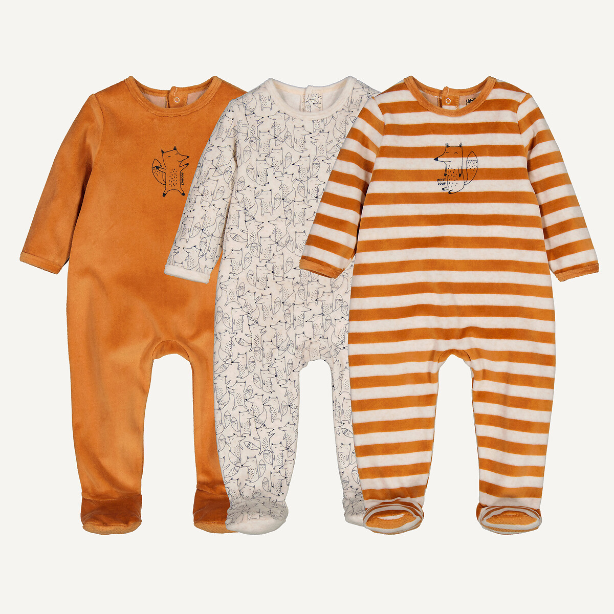 Lot de 3 pyjamas 1 pièce en velours, motif renard