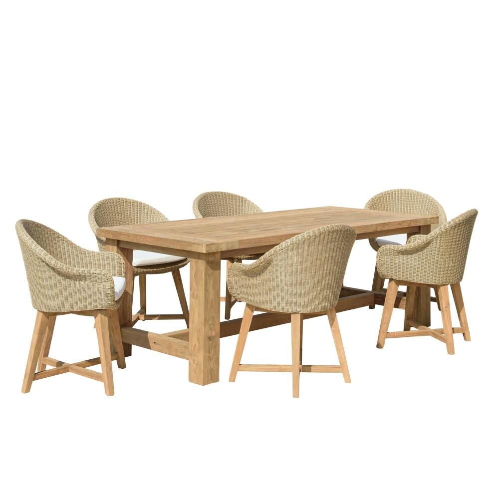 Salon de jardin teck naturel 1 table pieds droits 220 cm + 6 fauteuils arrondis résine tressée MANY, PIER IMPORT