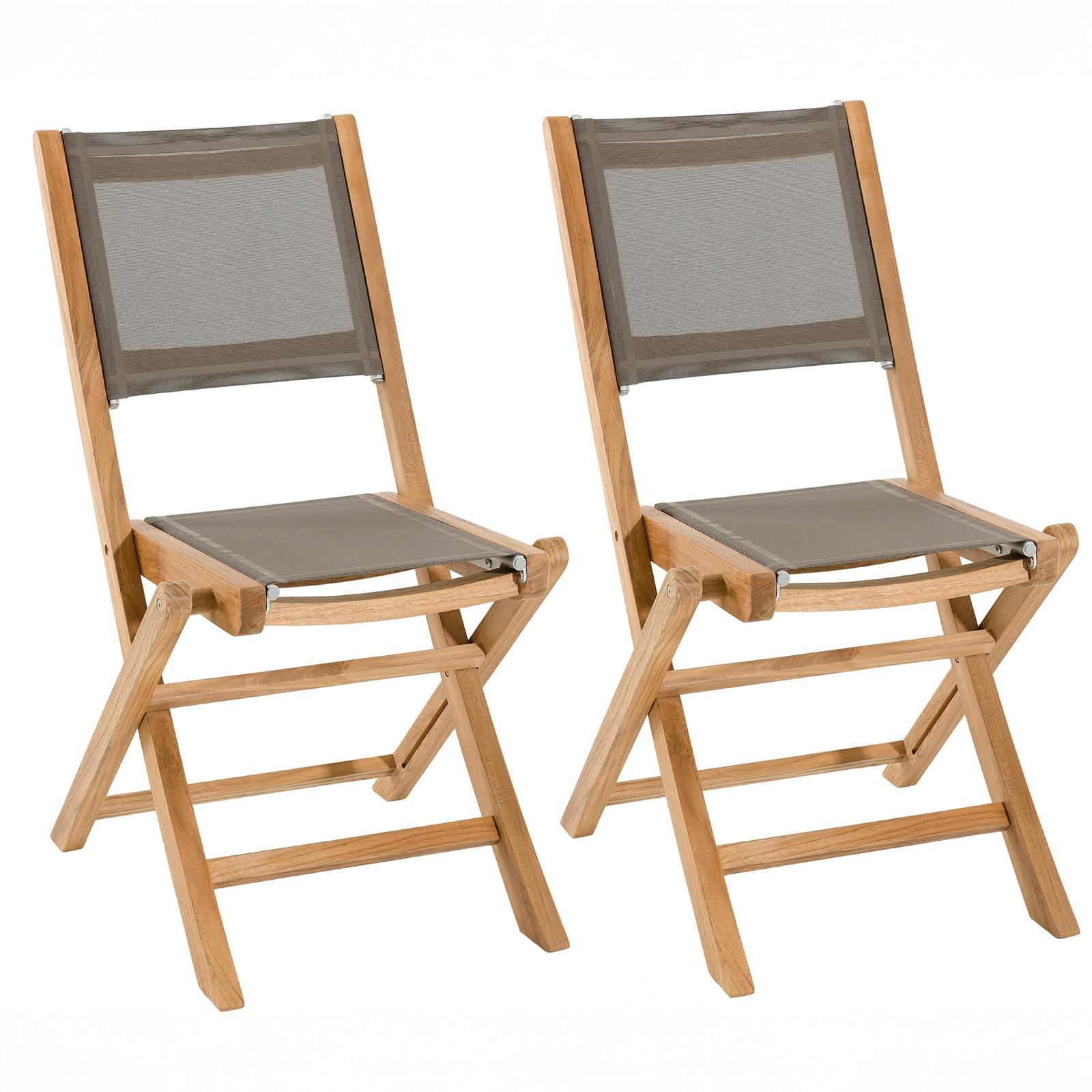 Lot de 2 chaises de jardin pliantes en bois de teck et tissu textilène taupe SUMMER, PIER IMPORT