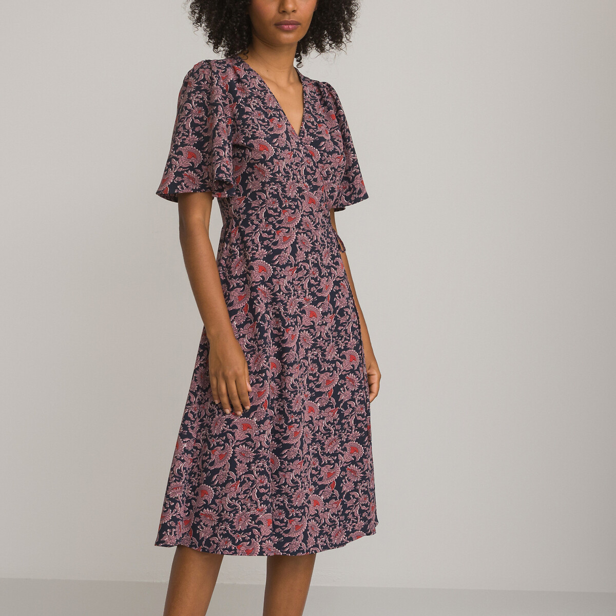 Printed Wrapover Midi Dress with Short Butterfly Sleeves