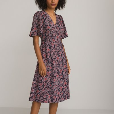 Printed Wrapover Midi Dress with Short Butterfly Sleeves LA REDOUTE COLLECTIONS