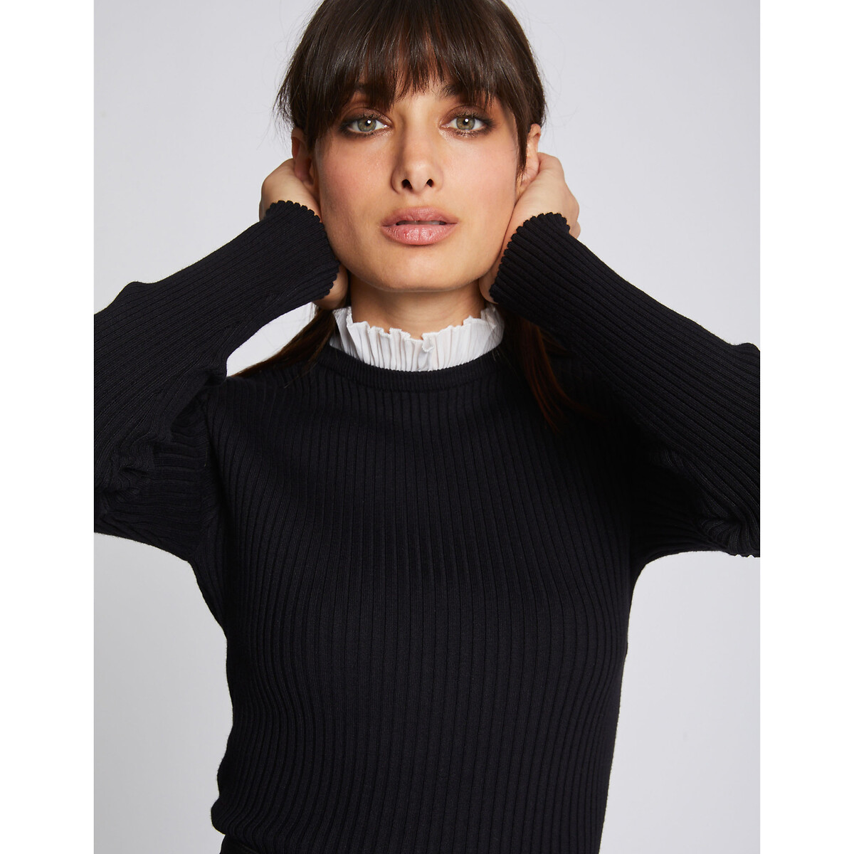 Pull fine maille manches longues col montant, MORGAN