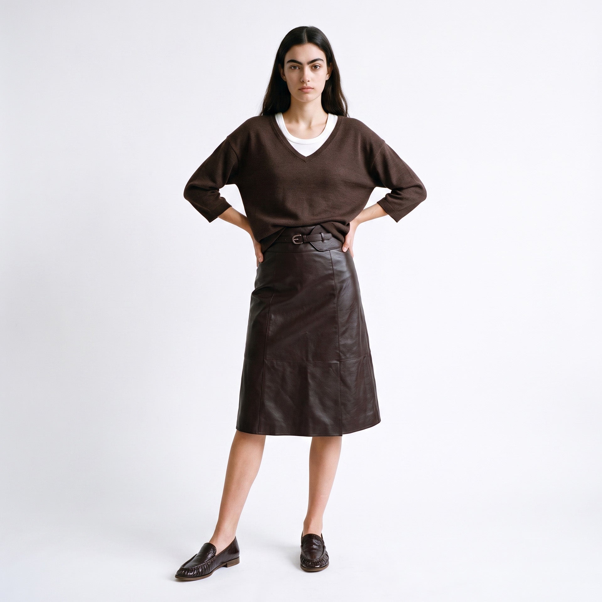 Jupe femme midi simili-cuir taille haute ceinture assortie CLERA, ARTLOVE