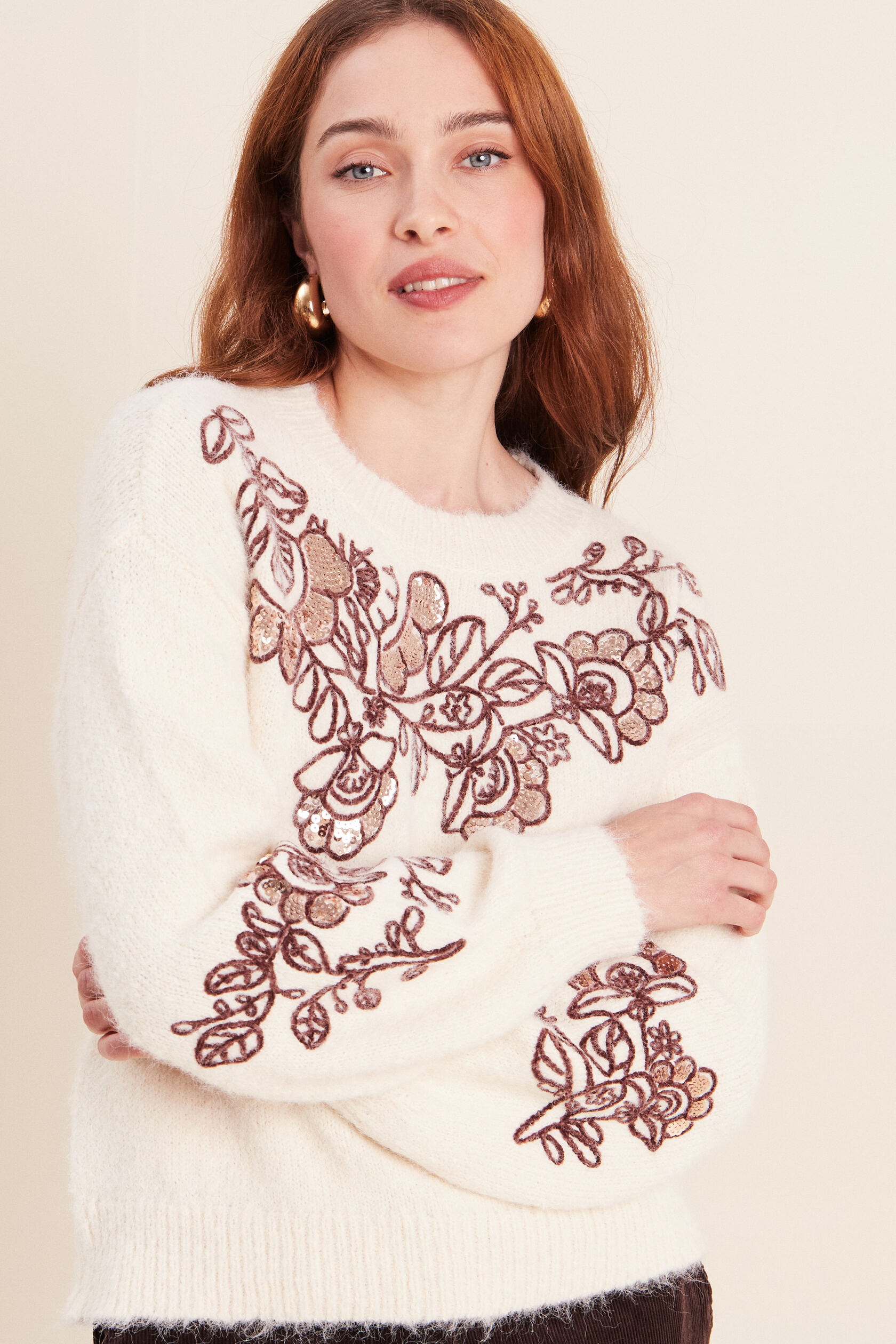 Pull col rond brodé à sequins, BREAL