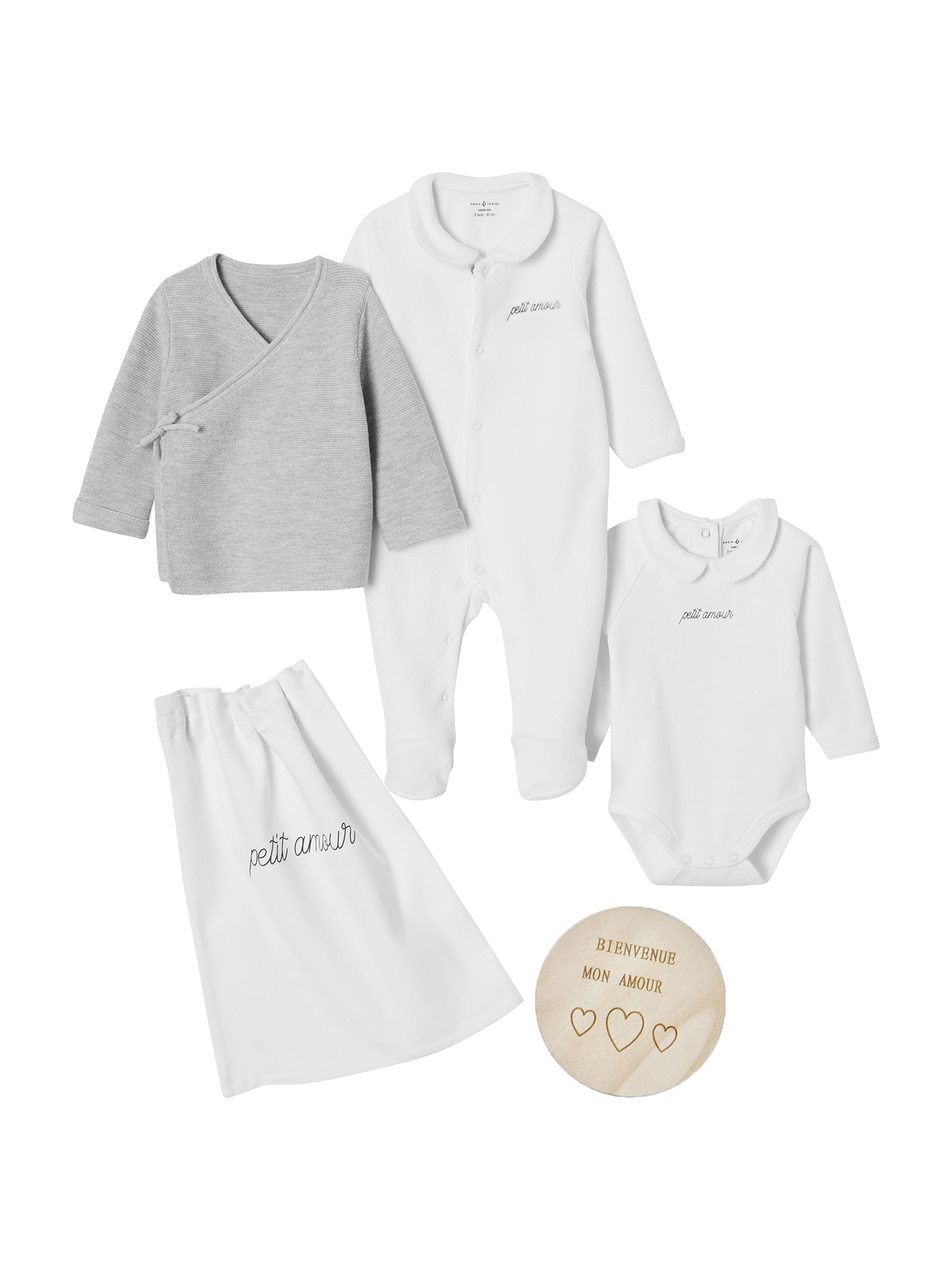 Kit naissance : brassière, body, pyjama, cartelette de bienvenue et pochon, ENVIE DE FRAISE