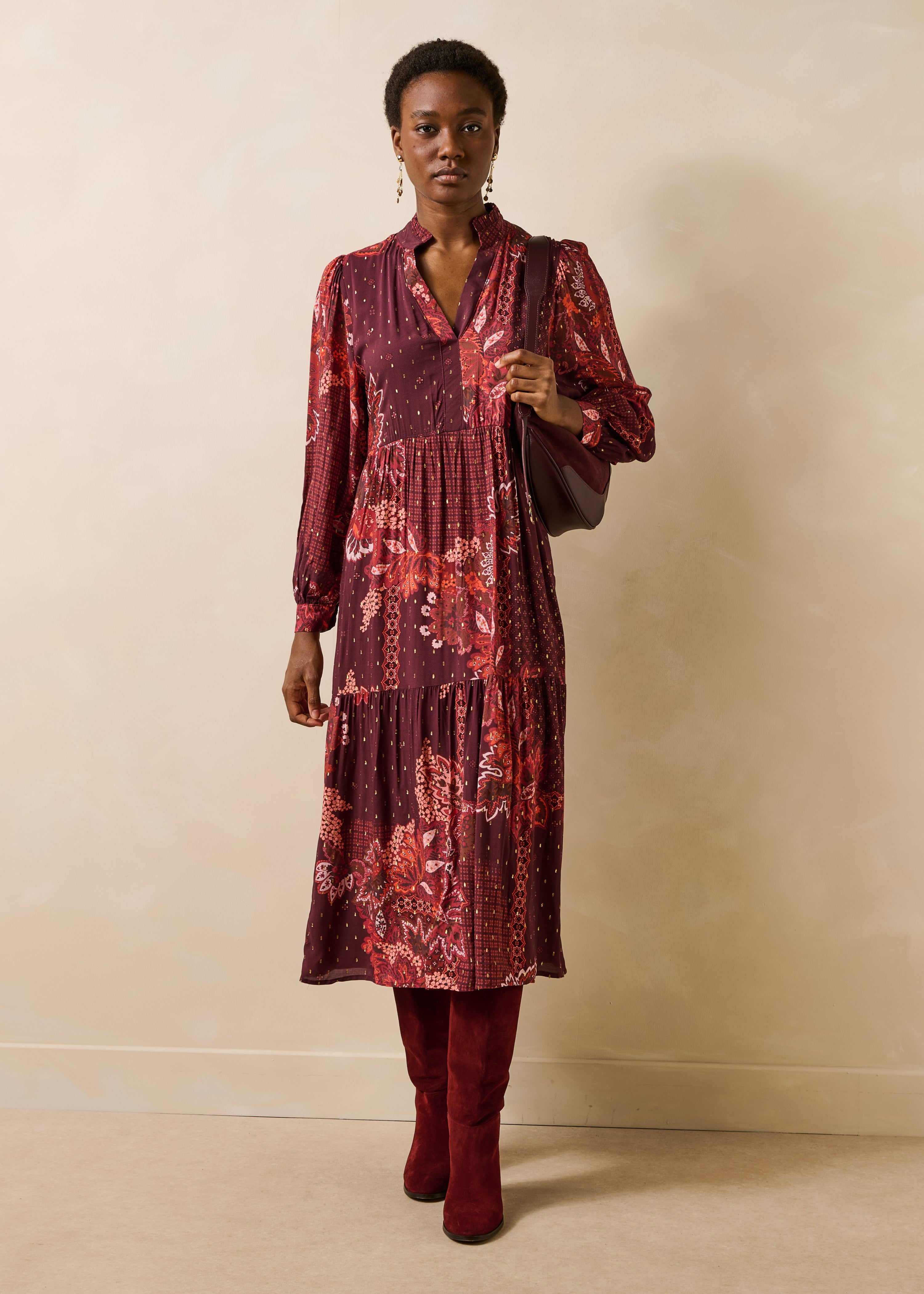 Robe longue imprimée manches longues col tunisien, LA FEE MARABOUTEE