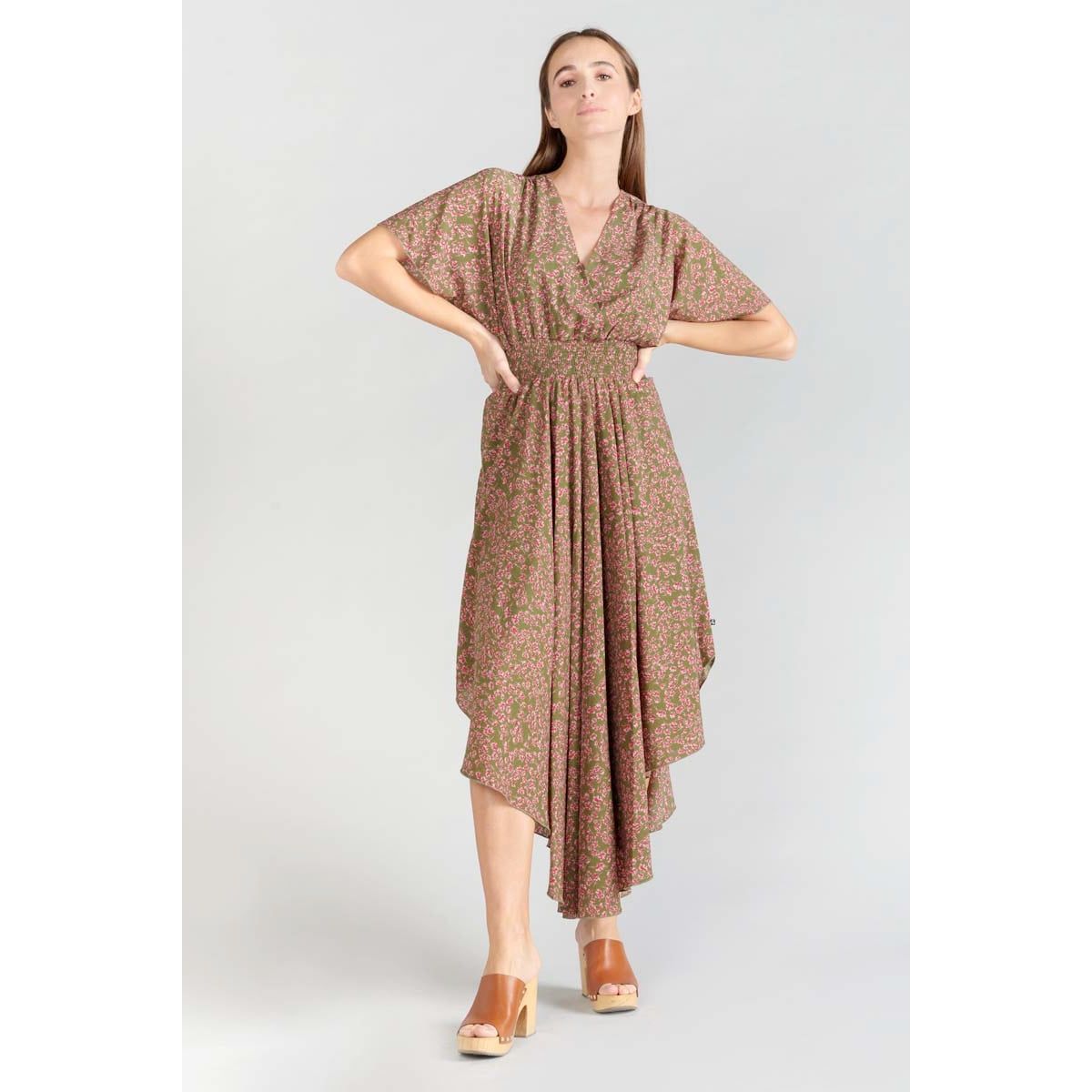 Robe longue droite yaka khaki flowers Le Temps Des Cerises La