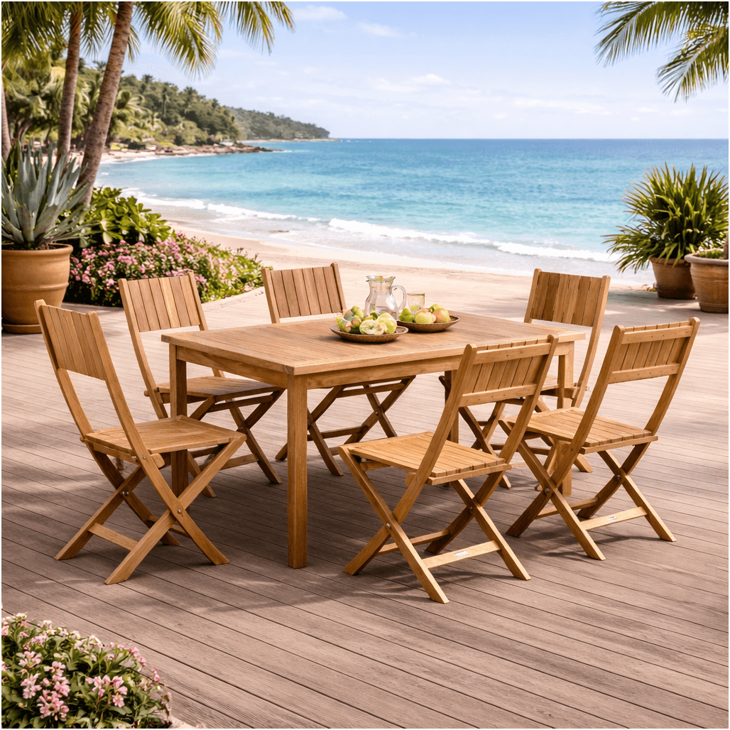Ensemble table de jardin en teck Frida 150 et 6 chaises Tosca, WANDA COLLECTION
