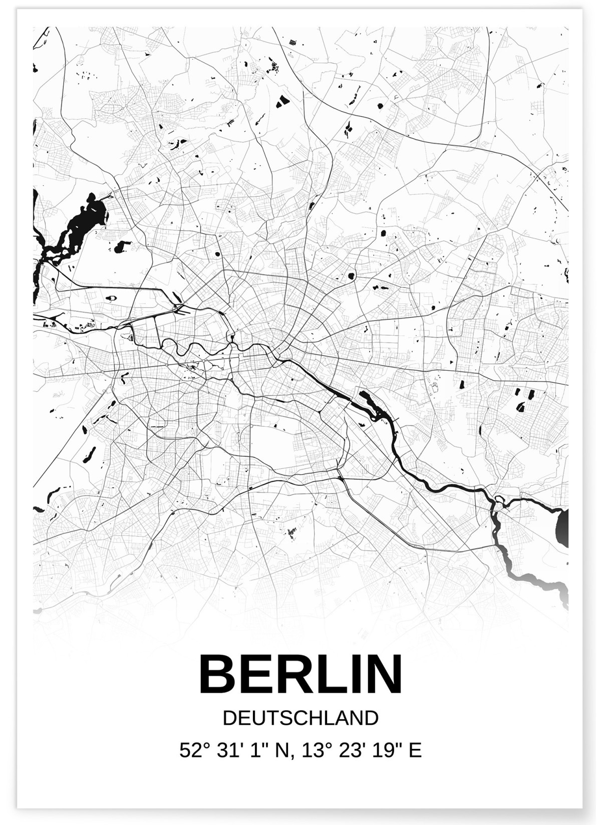 Affiche carte Berlin - rectangle Noir et Blanc, L'AFFICHERIE
