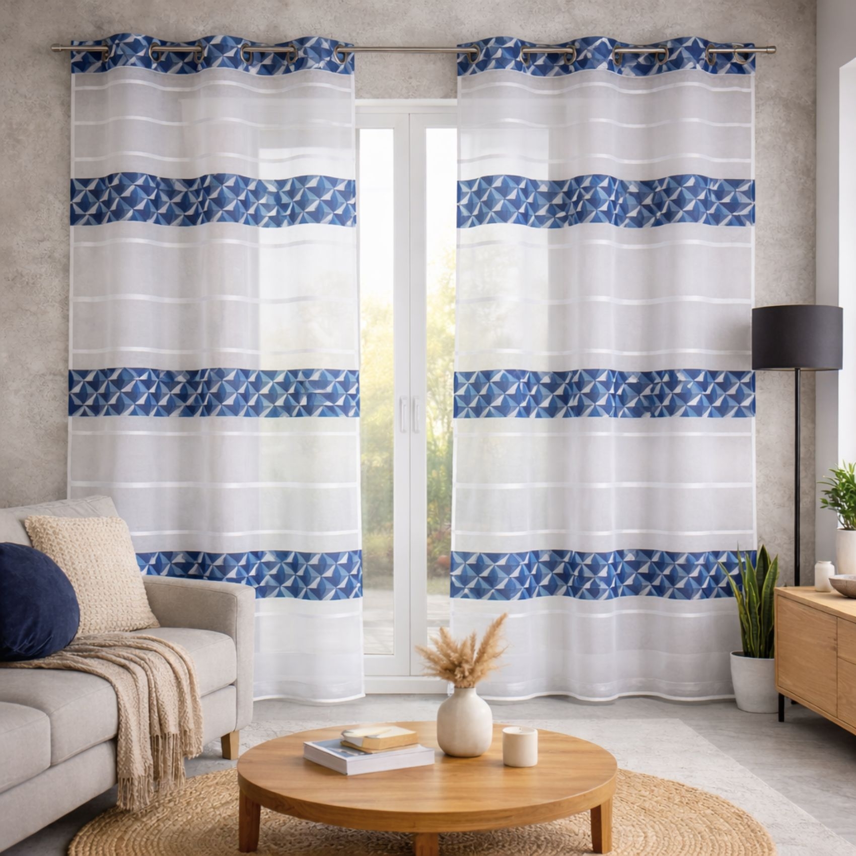 Voilage jacquard motifs bleus, HOME MAISON
