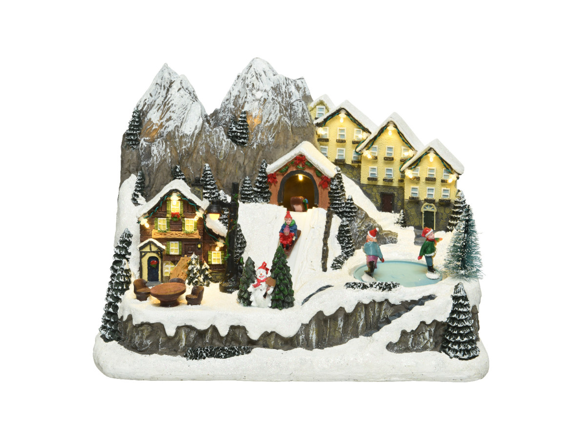 Village de Noël illuminé avec chalets enneigés, JARDIDECO