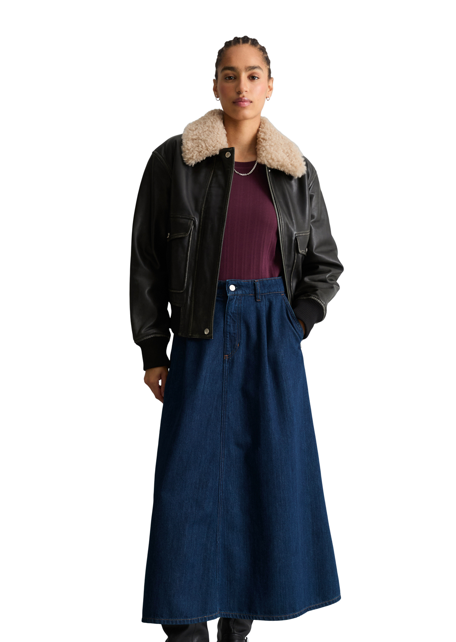 Veste en cuir style aviateur, coupe classique en cuir d'agneau nappa souple, MARC O’POLO DENIM