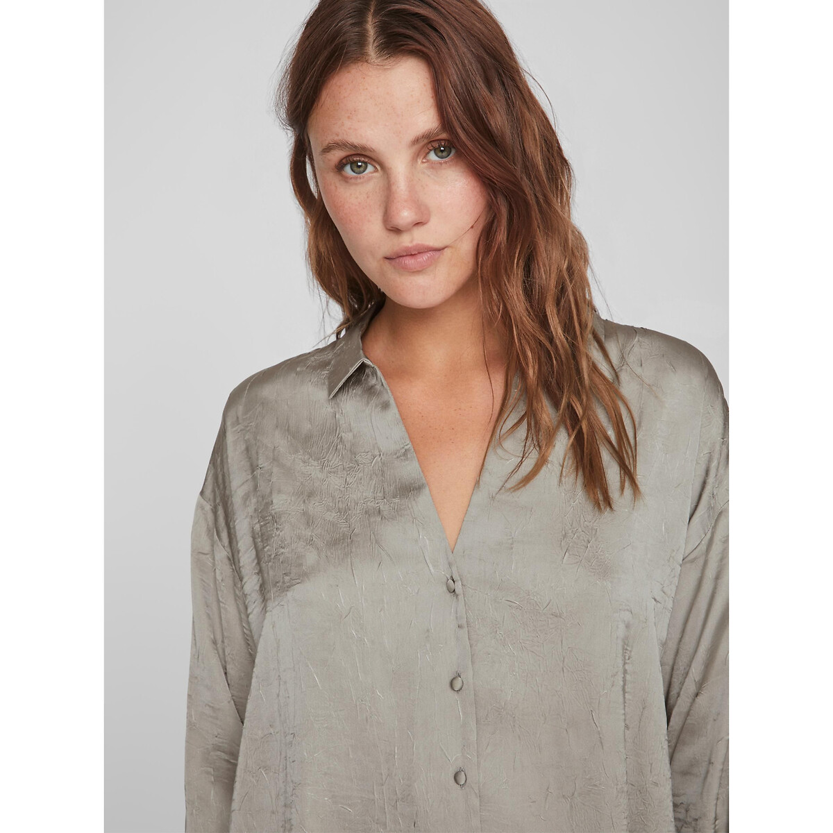 Satin V-Neck Blouse with Long Sleeves