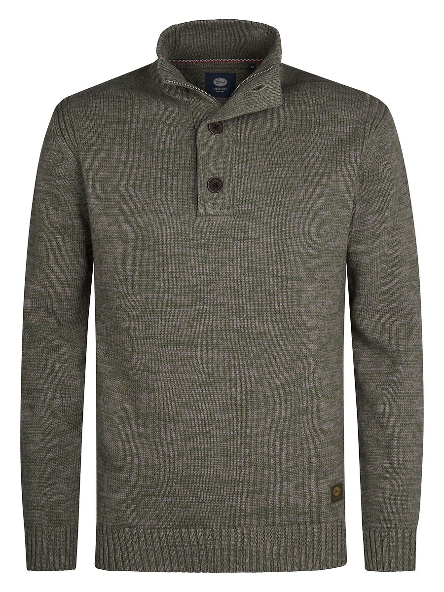 Cotton Mix Buttoned Jumper with High Neck, PETROL INDUSTRIES