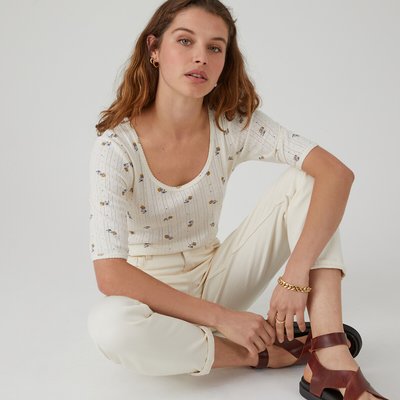 Floral Print Pointelle T-Shirt with Crew Neck in Cotton Mix LA REDOUTE COLLECTIONS