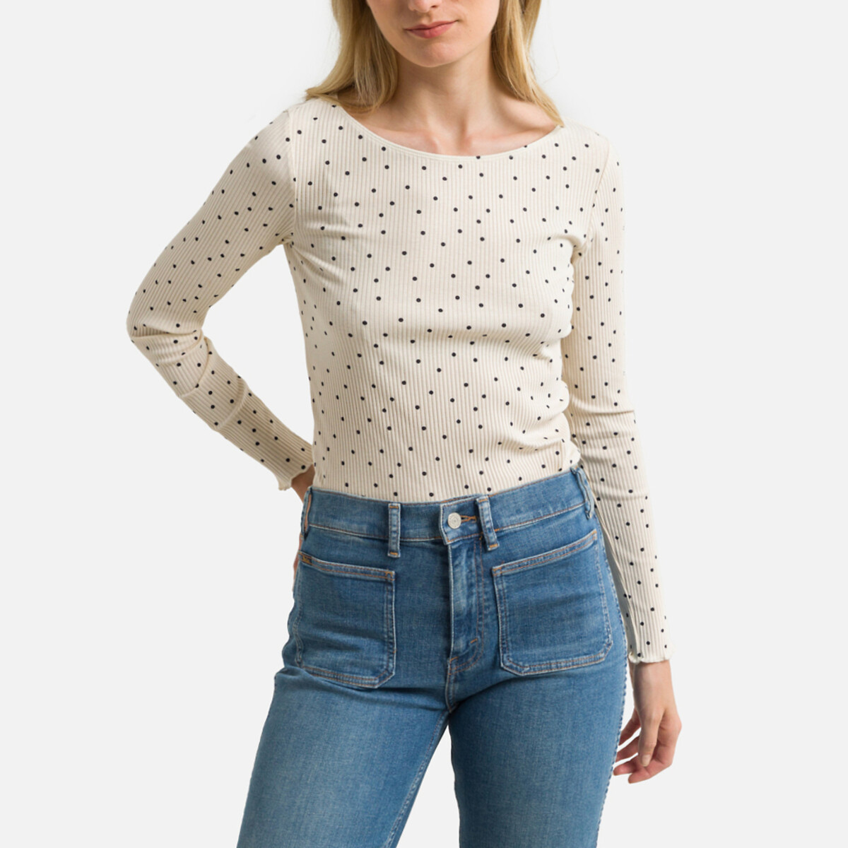 Hailey Printed Cotton T-Shirt with Boat Neck and Long Sleeves