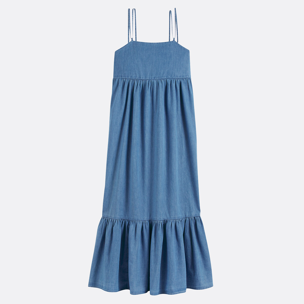Flared Denim Maxi Dress with Thin Straps, LA REDOUTE COLLECTIONS