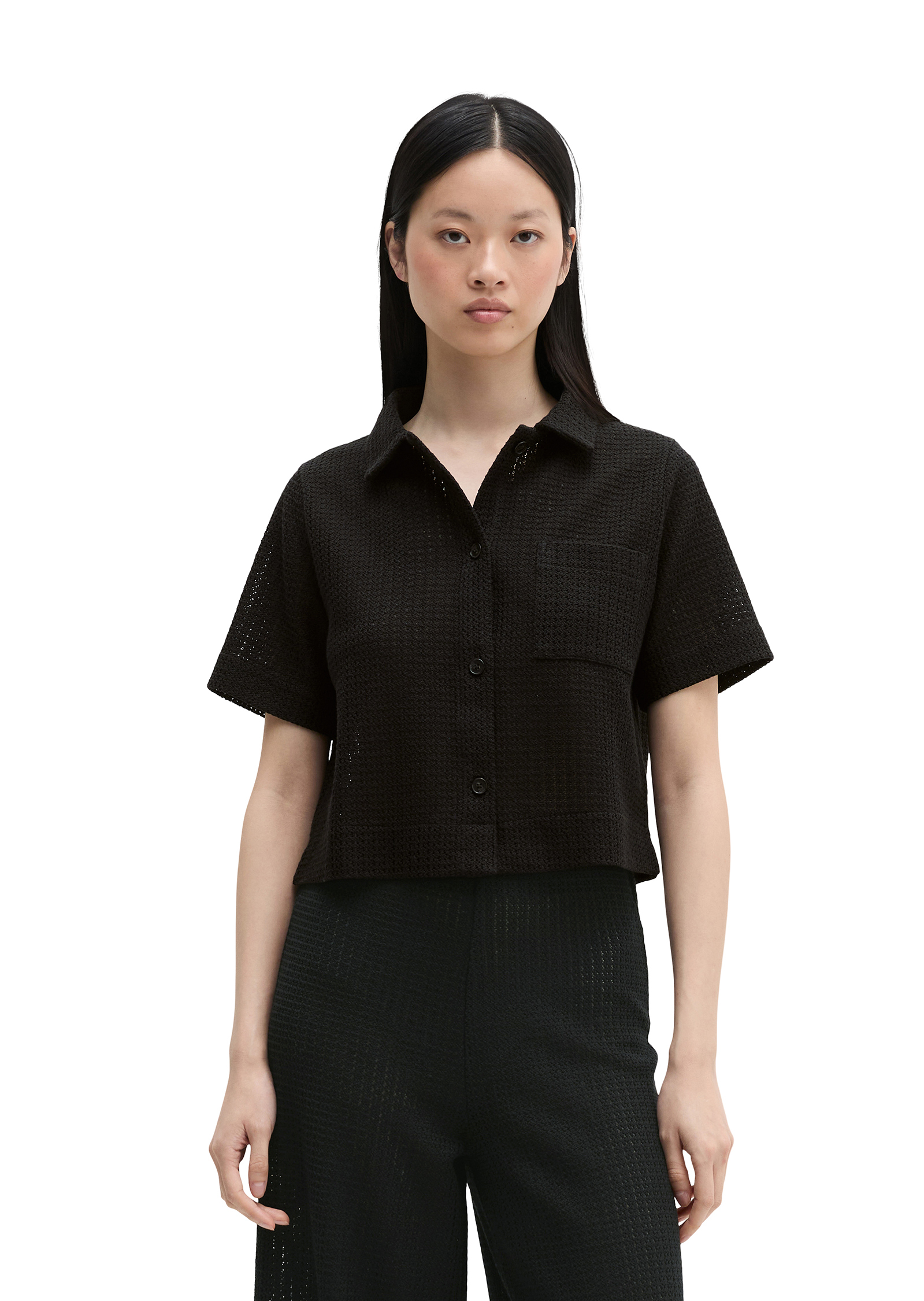 Blouse en croquet relaxed en jersey de coton mélangé, MARC O'POLO