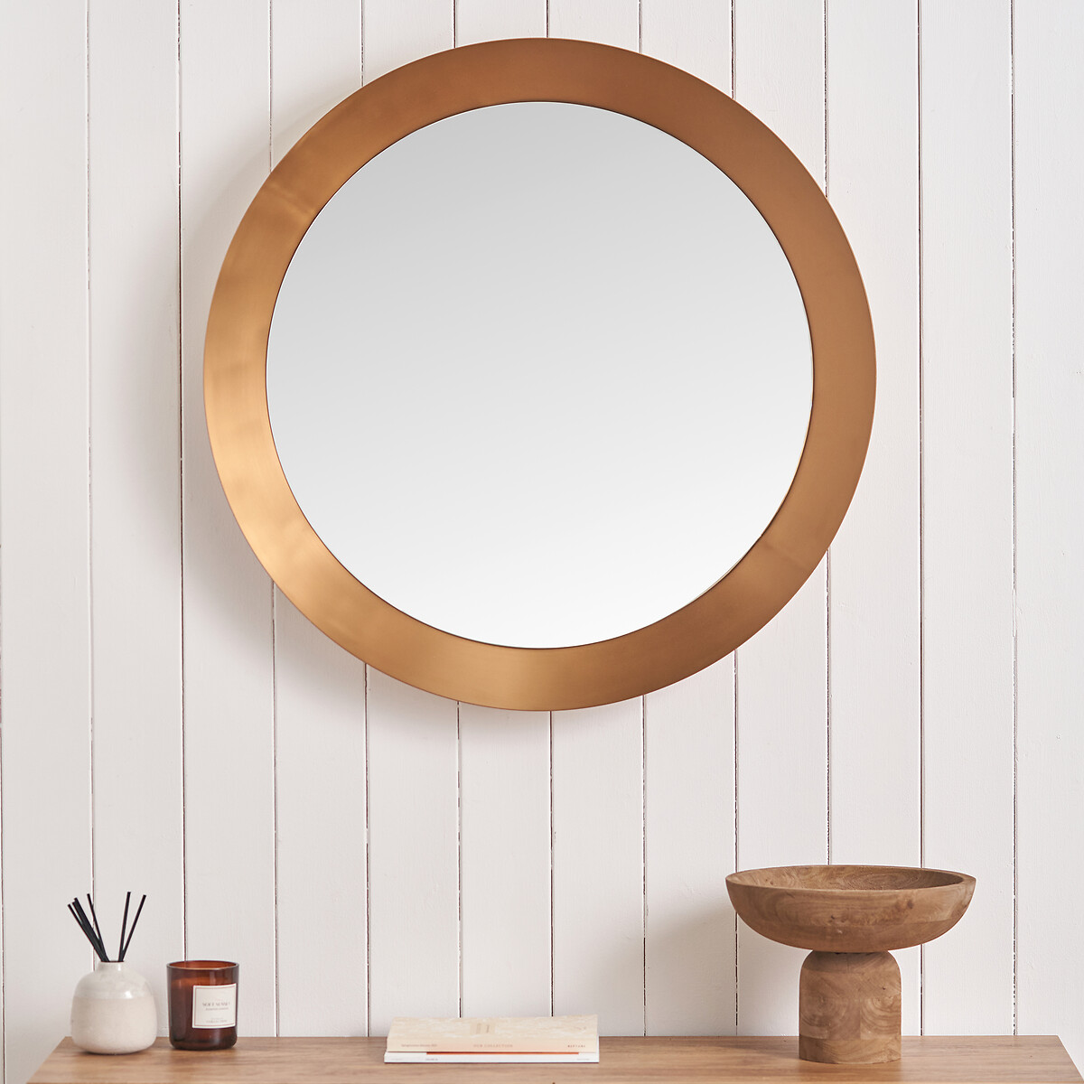 80cm Round Metal Angled Frame Mirror in Burnished Gold, ÉDITÉ