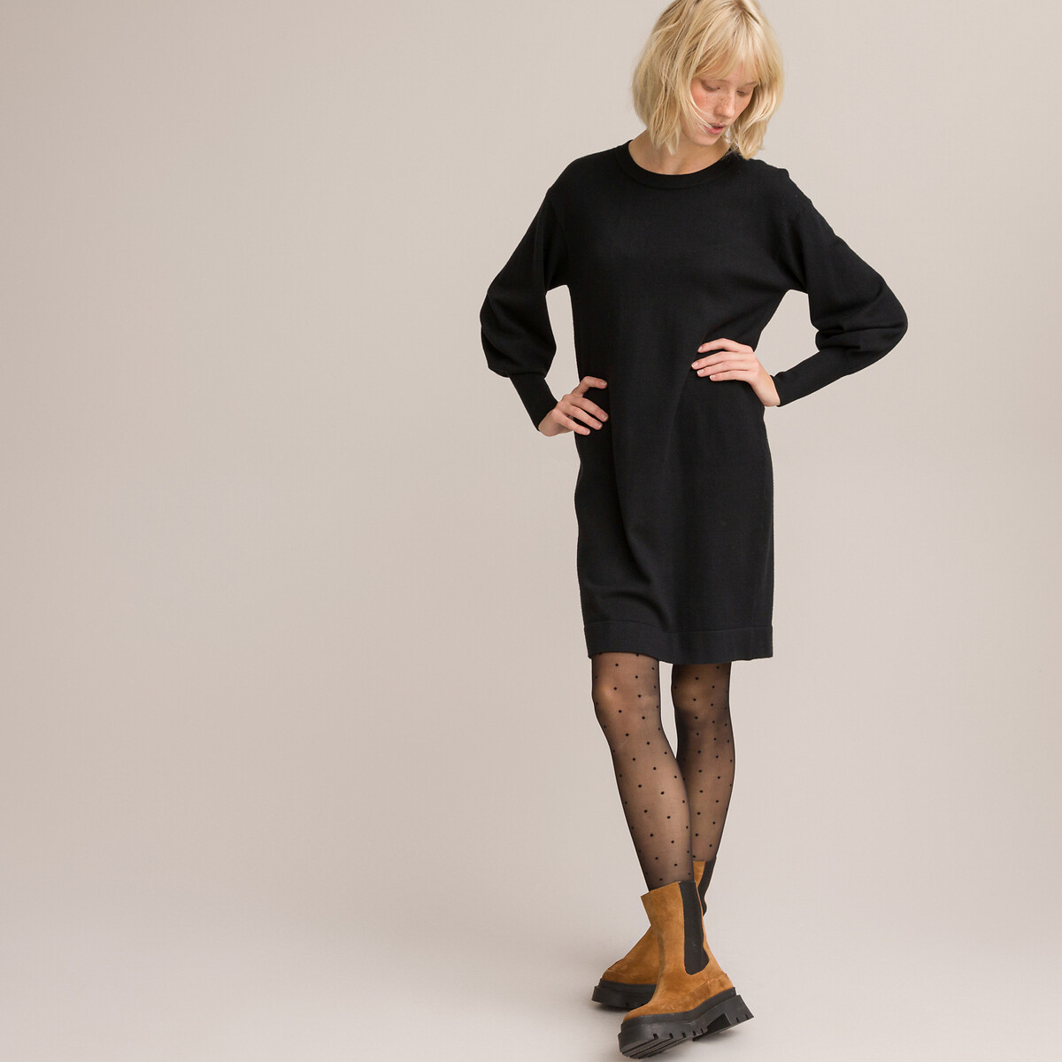 Mini Jumper Dress with Long Puff Sleeves and Crew Neck