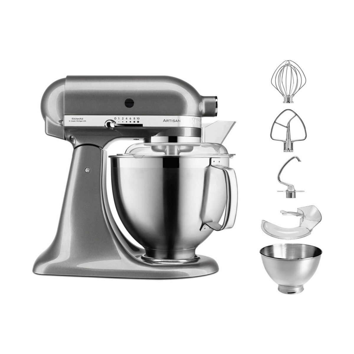 Robot pâtissier 5KSM185PSEMS Artisan Gris étain, 4,8 L, accessoires inox, bol 3L, couvercle antiprojections, KITCHENAID