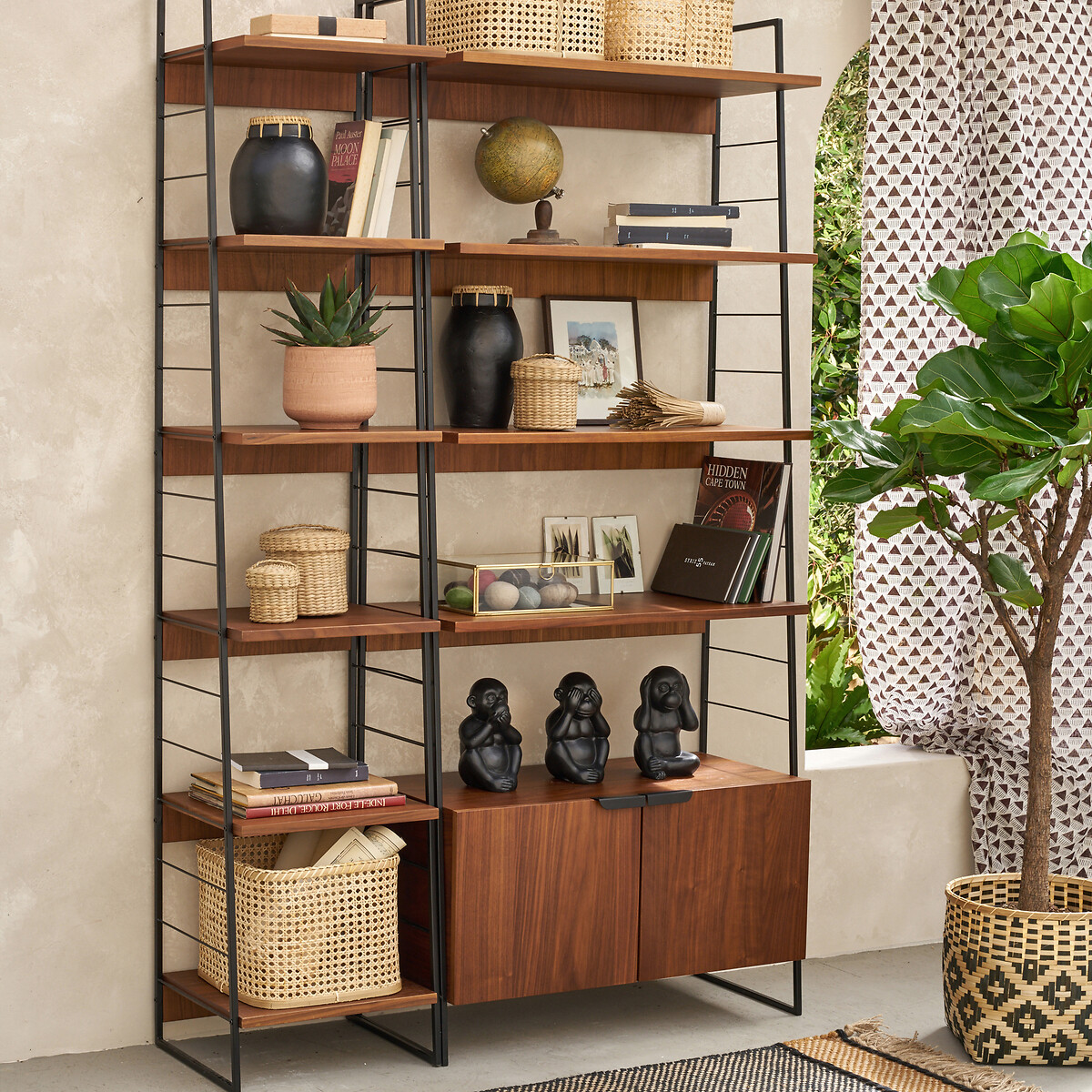 Watford vintage walnut & steel shelving unit, h190cm, black