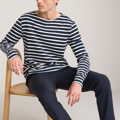 Breton Striped Organic Cotton T-Shirt with Crew Neck and Long Sleeves LA REDOUTE COLLECTIONS