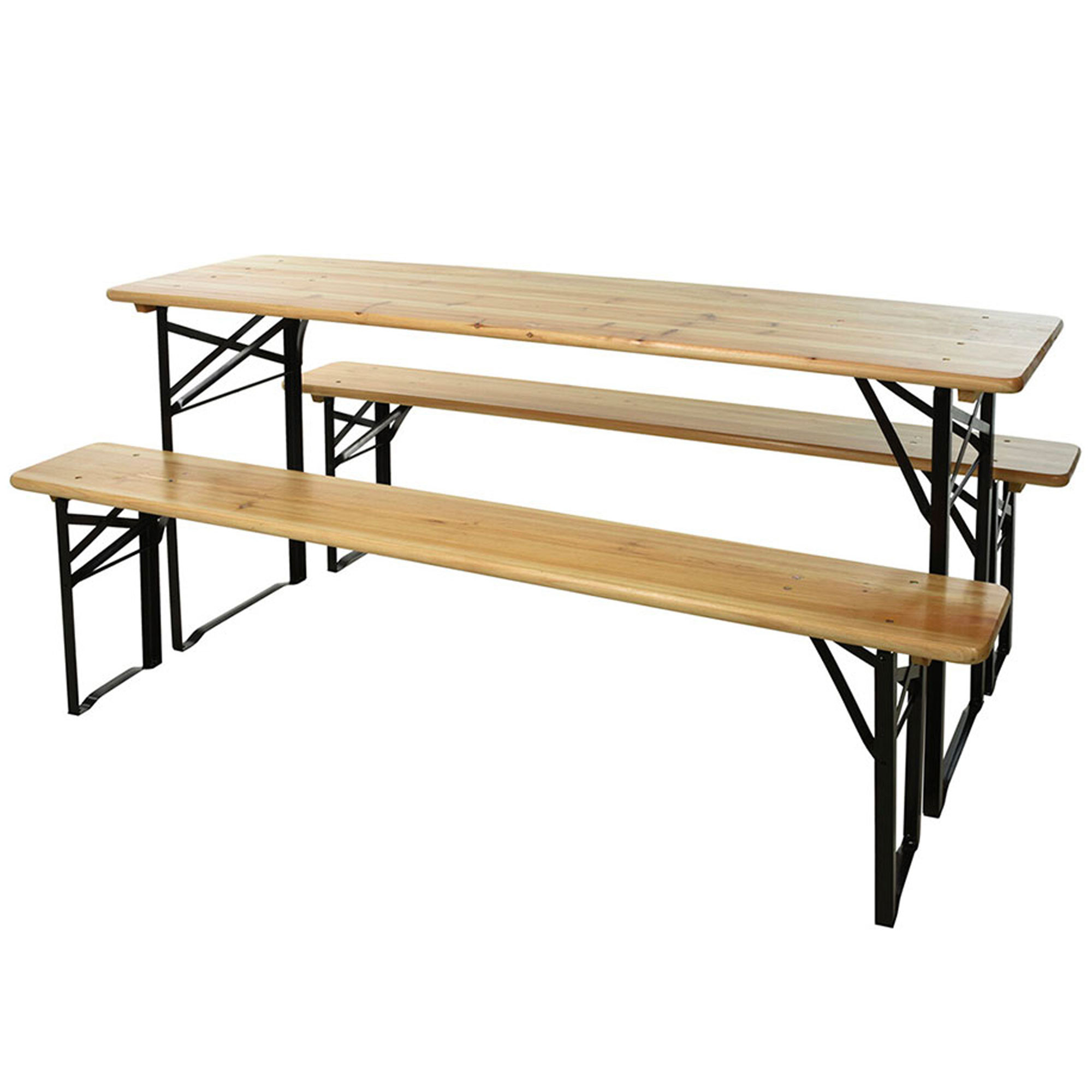 Mobilier réception pliable table + 2 bancs en métal noir et bois 50x75x180cm, WADIGA