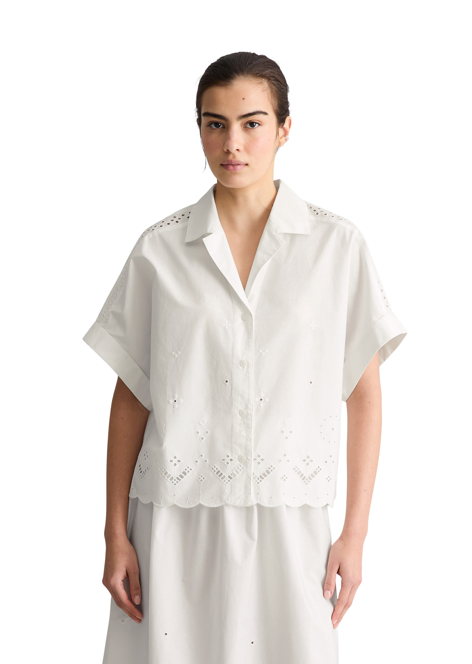 Chemisier en dentelle à manches courtes relaxed avec Broderie Anglaise, MARC O’POLO DENIM