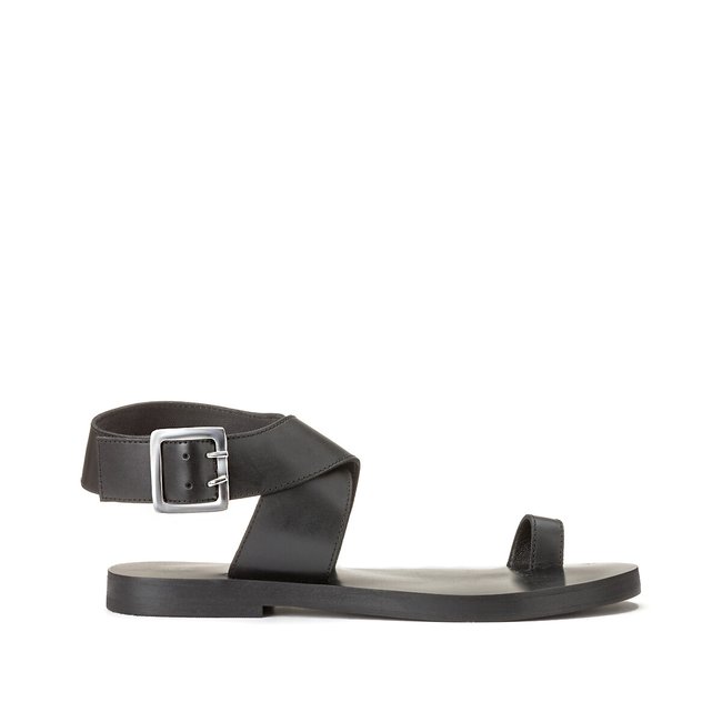 Leather toe post sandals with buckle detail, black, La Redoute ...