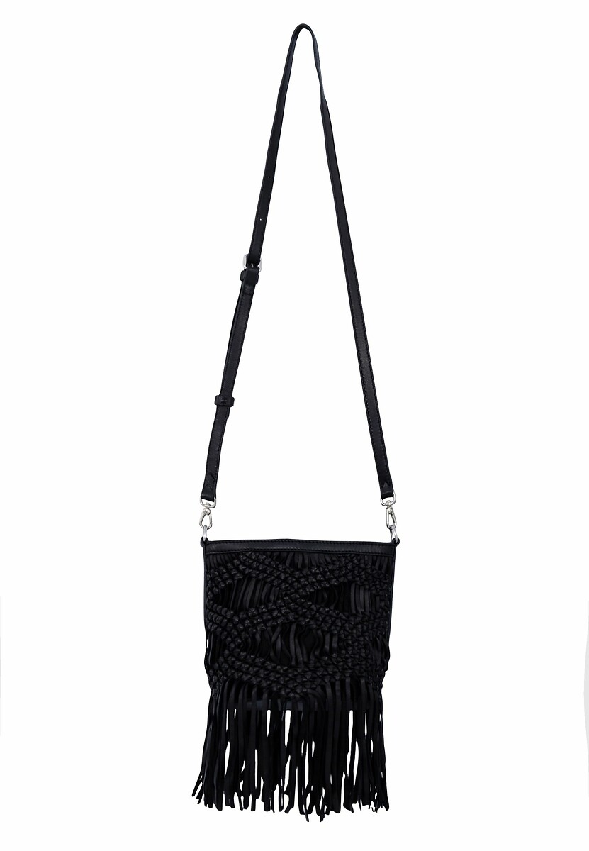Crossbody Bucket Bag in Fringed Woven Leather, IKKS