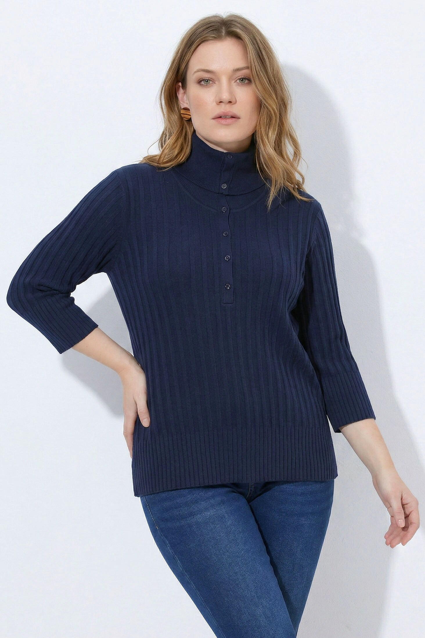 Pull col roulé en coton bio, manches 3/4, ULLA POPKEN