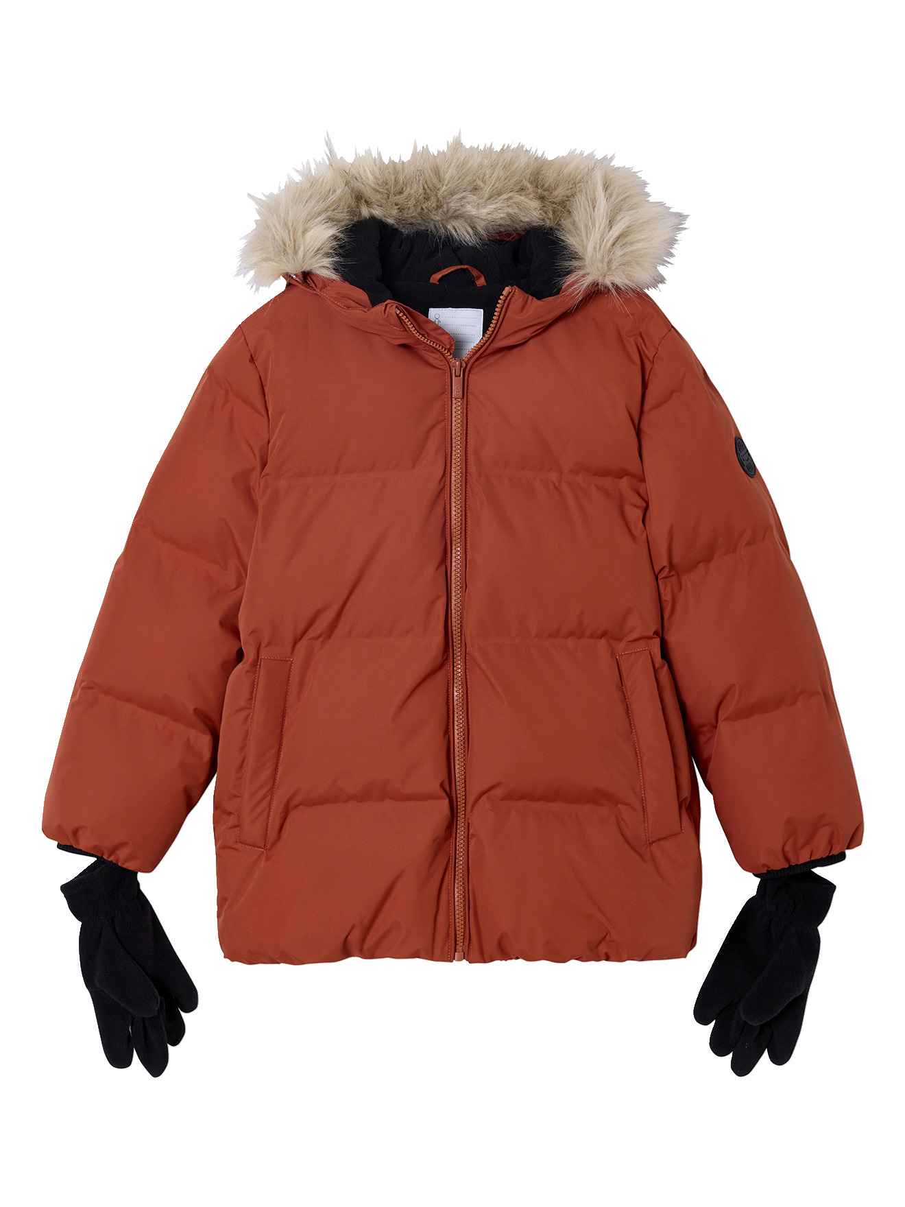 Doudoune à capuche doublée polaire avec moufles ou gants, VERTBAUDET