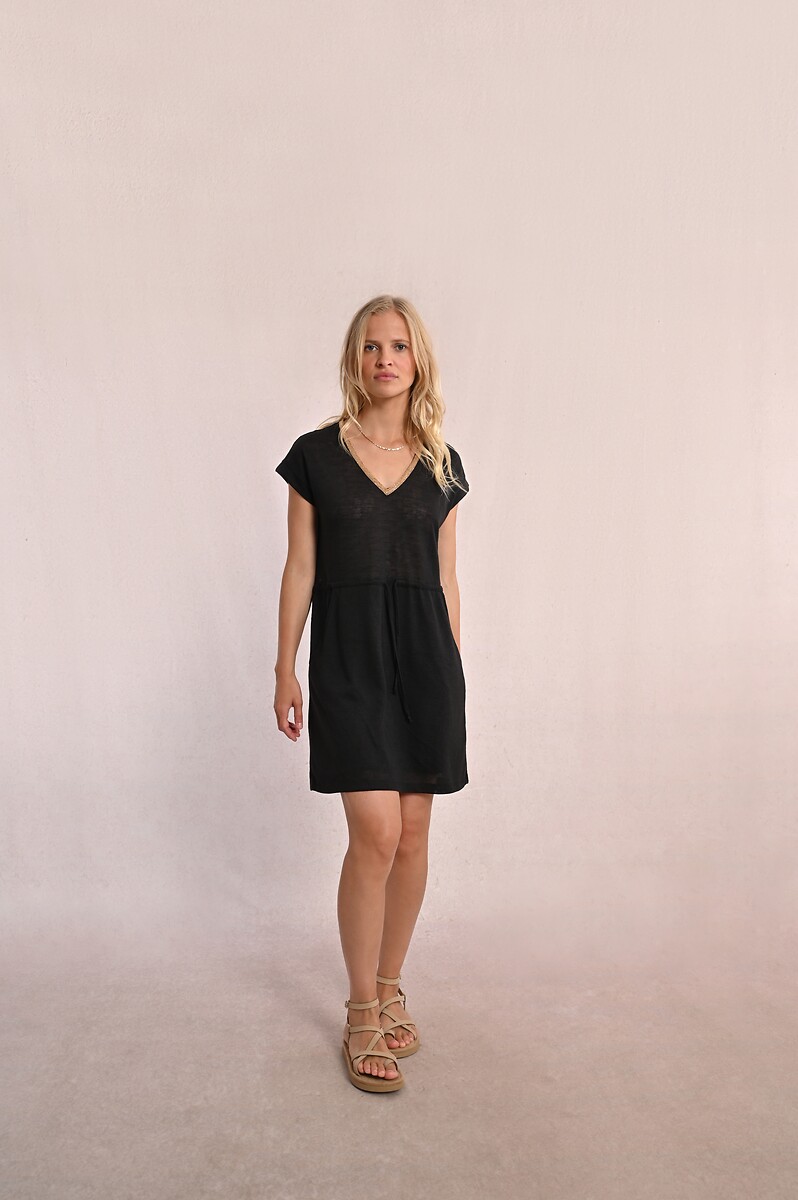 Short V-Neck T-Shirt Dress with Tight Waistband, MOLLY BRACKEN