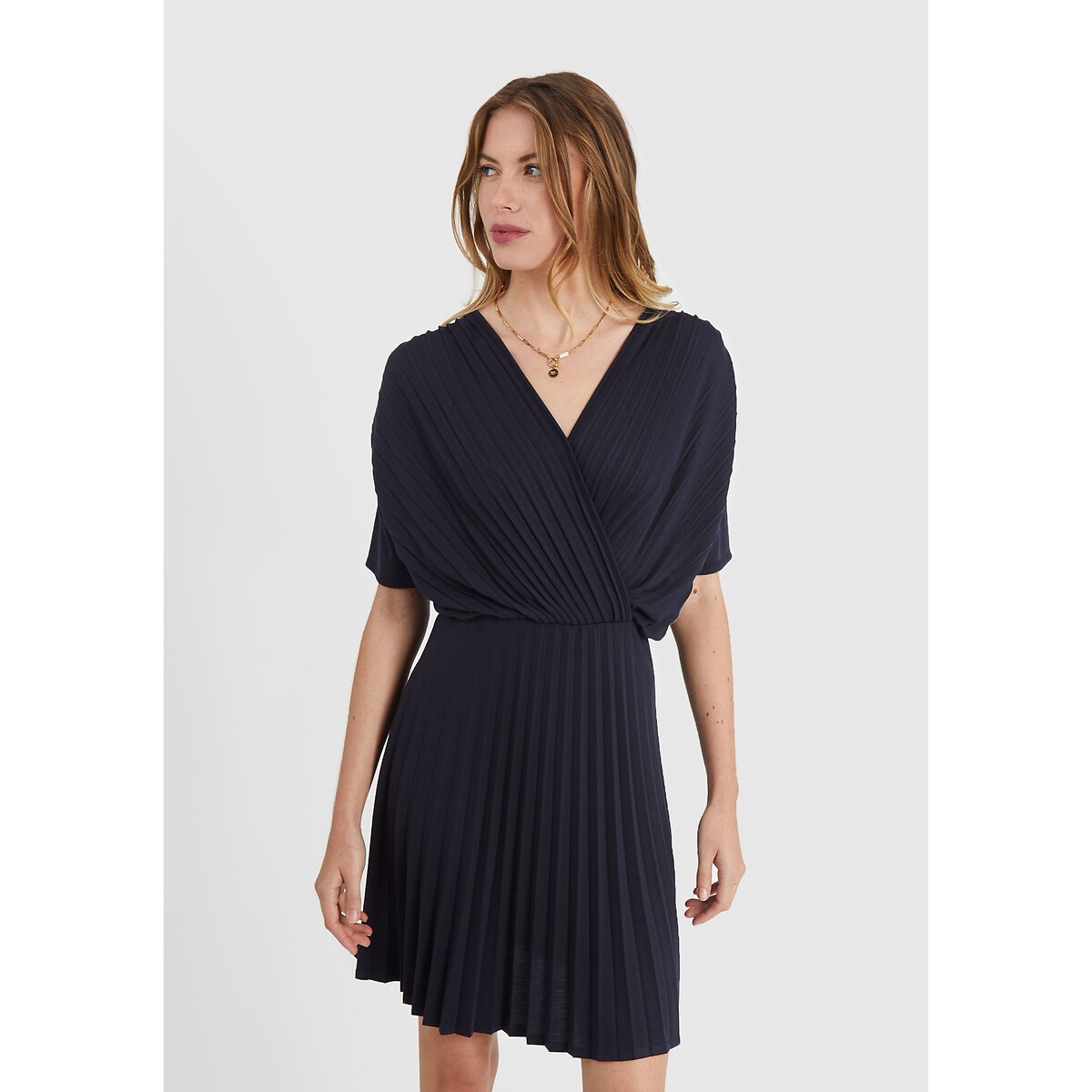 Pleated Mini Dress with Short Sleeves