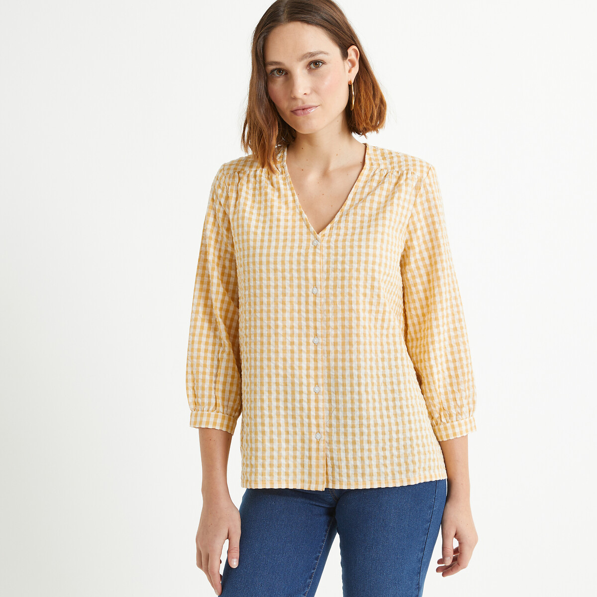 Checked Cotton Seersucker Blouse with V-Neck and 3/4 Length Sleeves